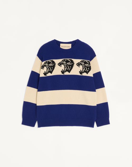 Valentino - ジャカードパンテアパターン ウール ニットプル - インディゴ/バター - メンズ - ニット